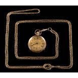 A guard chain with attached fob watch stamped '14K': the foliate dial with Roman numerals,