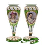 A pair of Bohemian overlay glass vases: of goblet shaped form on spreading foot,