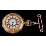 An 18ct gold and enamelled fob watch: the white enamelled dial with Roman numerals the floral case