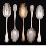 Five George II and George III English silver Hanoverian pattern dessert and tablespoons,