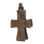 After the Antique; a copper alloy Reliquary Cross: with hinged suspension,