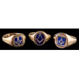 Three 9ct gold and blue enamelled Masonic swivel rings: approximately 18gms gross weight.