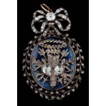 An early 19th Century enamelled and diamond mounted oval pendant: with central quiver and arrows