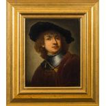 After Rembrandt Van Rijn- Self-Portrait,:- oil on canvas, 30 x 24cm.