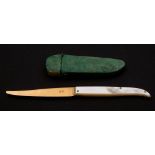 An 18th century French Gold bladed folding fruit knife: with mother-of-pearl hafted handle,