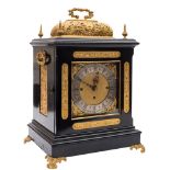 A large ebonised Victorian chiming bracket clock in the 17th century style: the eight-day duration,