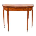 An early 19th Century satinwood and inlaid card table: of D-shaped outline bordered with boxwood