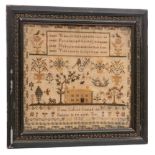 A William IV needlework sampler: the verse flanked by birds perched on flowering shrubs,