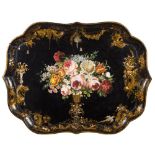 A large 19th century papier mache tray: of cartouche-shaped outline,