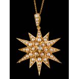 A 19th Century seed pearl and diamond star burst pendant: centring a round old brilliant-cut