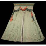 Three green silk curtains with matching pelmets:,