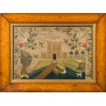 A Victorian needlework sampler: the central panel depicting a country mansion with a stag,