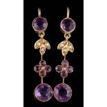A pair of amethyst and seed pearl drop earrings: approximately 25mm length of drop, 1.