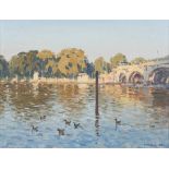 * Ronald Morgan [b.1936]- The Thames at Richmond Lock,:- signed and dated 1989 oil onboard, 22.