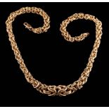 A 9ct gold graduated byzantine link necklace: approximately 45.5cm long, 28gms gross weight.