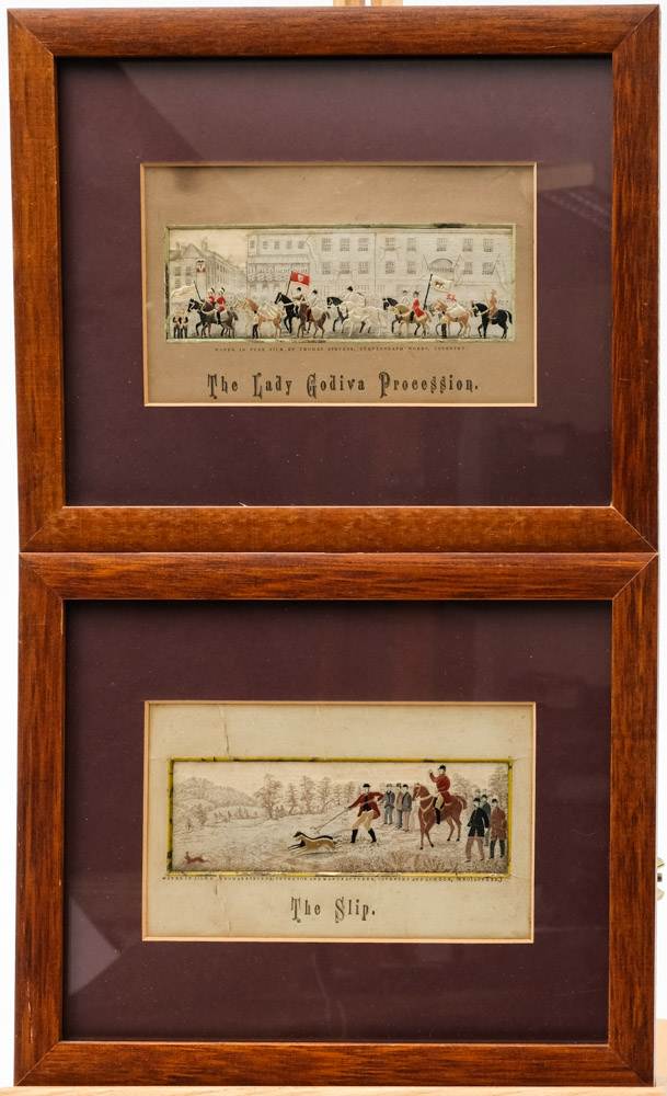 A set of four framed silk Stevengraph equestrian scenes: 'Full Cry', ' The Meet',