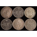 Six crown size coins including 1889 (counterstamped) Mexican 8 reales: Japanese 1 yen 1924 Peru sol.