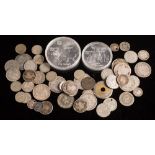 A group of silver world coins including Canada ten dollar and five dollar pieces,