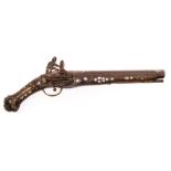 A 19th century Turkish white metal and mother of pearl inlaid flintlock pistol,