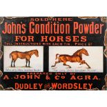 A hand painted board in the style of an enamel sign for 'John's Condition Powder for Horses':,