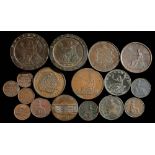 A group of copper coins including two 1797 two pences,: a 1723 Woods half penny,