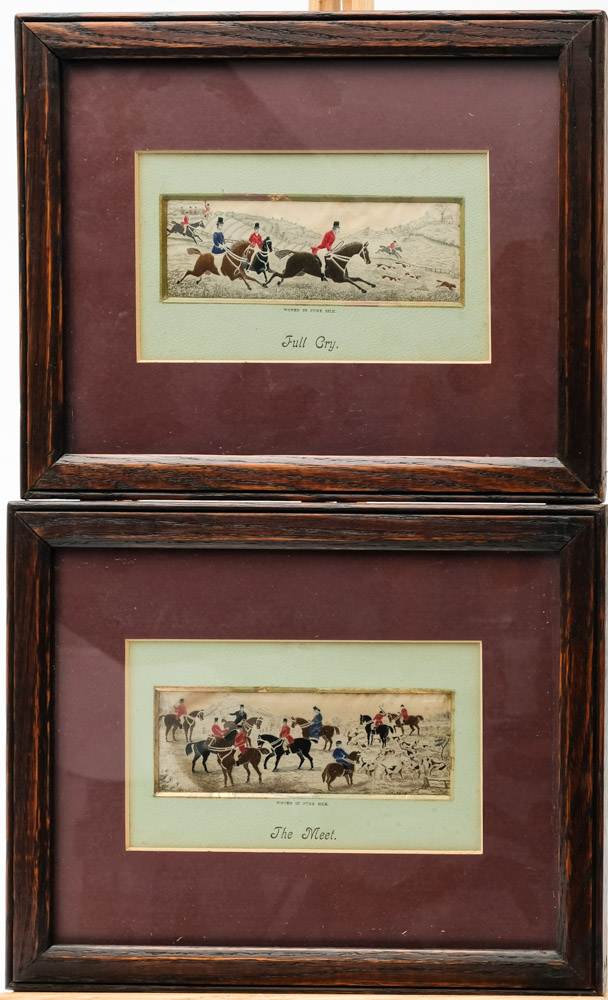A set of four framed silk Stevengraph equestrian scenes: 'Full Cry', ' The Meet', - Image 3 of 4