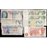 An O'Brien £5 banknote, an Irish £5 banknote, four £1 banknotes and one 10 shilling banknote.