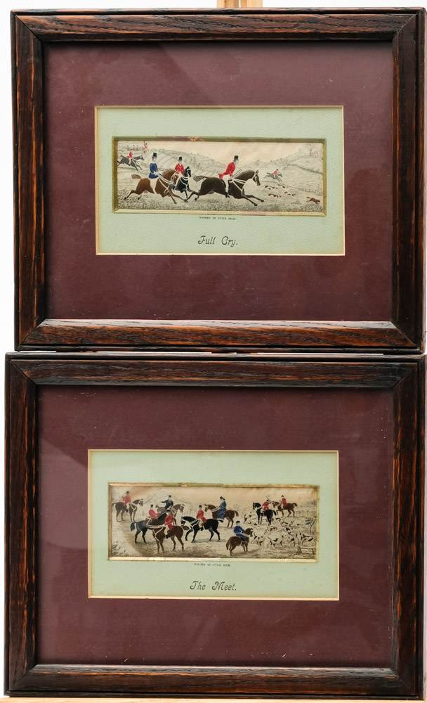 A set of four framed silk Stevengraph equestrian scenes: 'Full Cry', ' The Meet', - Image 4 of 4