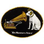 A HMV oval enamel advertising sign in white, black brown and yellow enamels 43 x 58cm.