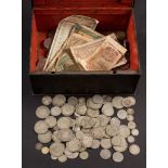 A strong box containing a mixed group of coins: and a bag of pre 1947 and pre 1920 silver:
