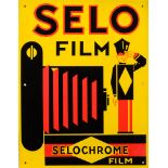 A Garnier Selmo Film enamel advertising sign for 'Selochrome Film': red and black on a yellow