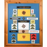A framed collection of German armbands and shoulder badges.