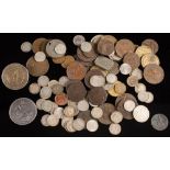 A group of coins including USA 1882 dollar (brooched): 1680 Irish halfpenny,