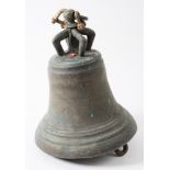 A bronze bell with crown top and suspension ring,: unsigned 32cm high.