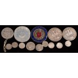 An 1821 crown, an 1889 Crown, an 1817 shilling a Woodrow Wilson perpetual calendar coin,: etc.