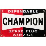 A Champion enamel advertising sign for 'Spark Plug Service', white, red and black enamel, 23 x 38cm.
