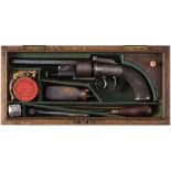 A rare cased percussion cap hammer sighted transitional six shot revolver by Joseph Bourne: the 5