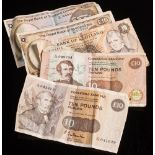 Five Scottish £10 banknotes.