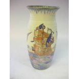 A Fieldings Crown Devon Galleon vase: of slender ribbed oviform with flaring neck,