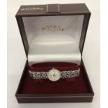 A boxed ladies Rotary wristwatch with sterling silver bracelet strap.