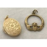 A 9ct gold floral decorated oval locket together with a 9ct gold Claddagh pendant.