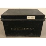 An antique 2 handled metal deed box with hand painted initials to front.
