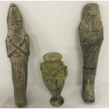 2 natural stone carved Egyptian figures together with a small carved Egyptian vase.
