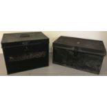 2 antique metal deed boxes, both with fold over padlock able fixings.