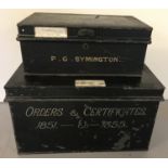 2 antique 2 handled metal deed boxes, both detailed with hand painted lettering.