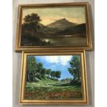 A gilt framed oil on canvas of a lake scene by J Gilbert. Dated 87, shows signs of restoration.