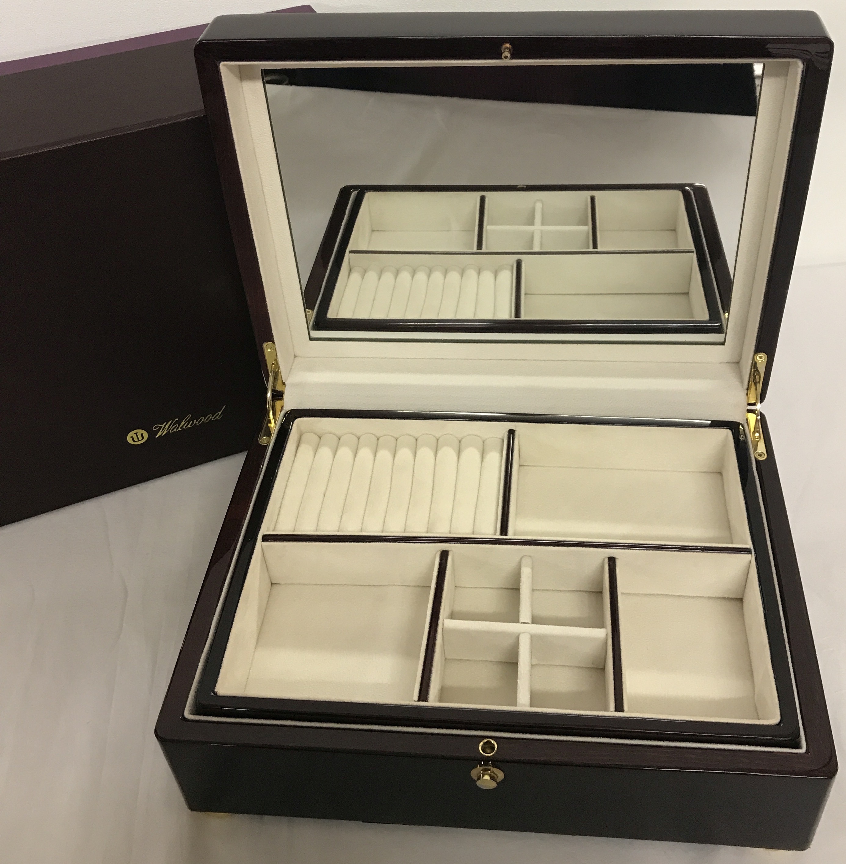 A new large boxed mahogany jewellery box by Walwood with inlaid detail to lid and brass bun feet. - Image 2 of 2