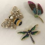 3 enamelled and stone set costume jewellery brooches in the shape of insects.