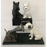 2 painted cast iron advertising figurines. A HMV dog together with the Black & White whisky dogs.