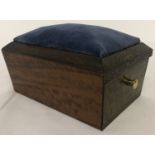 A vintage wooden pin cushion box with pull out drawer.